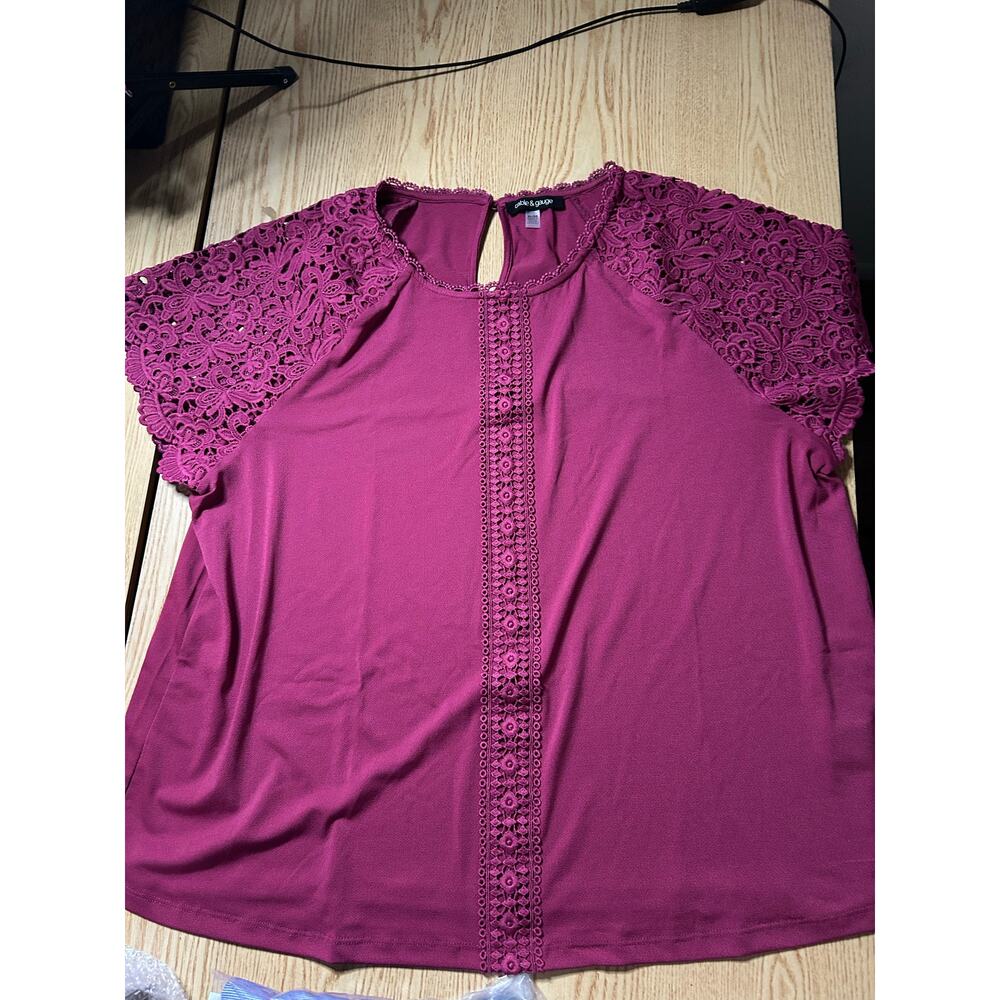 B5 New Womens Cable & Gauge Crochet 🧶 Top Stretchy Wine Burgundy size XL